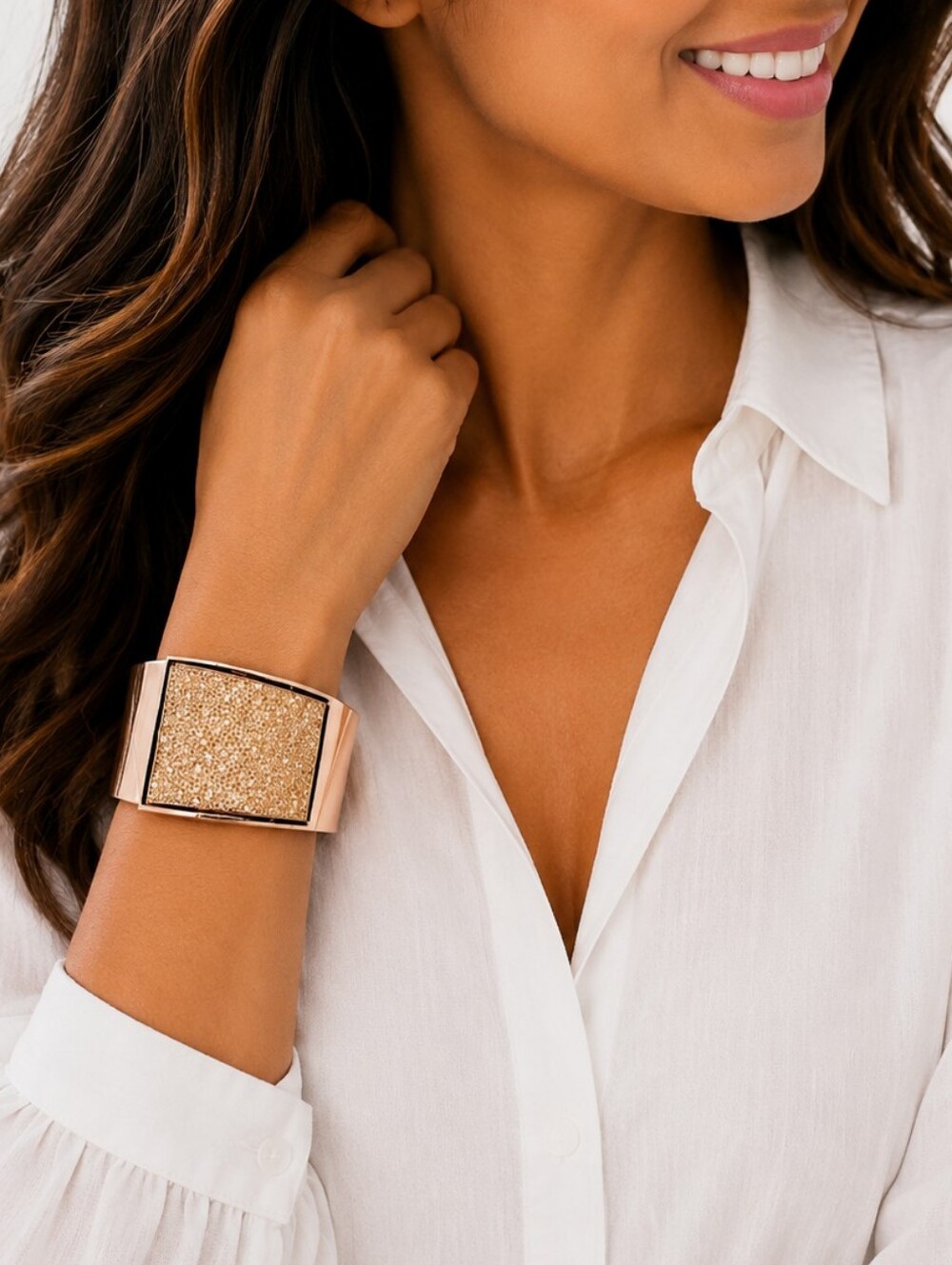 💎Pink Gold Statement Cuff Bracelet Druzy Style Sparkle Wide Bangle